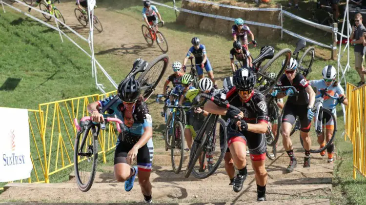 The women sprint up the stairs on the hot afternoon. 2018 GO Cross Day 2. © Bruce Buckley