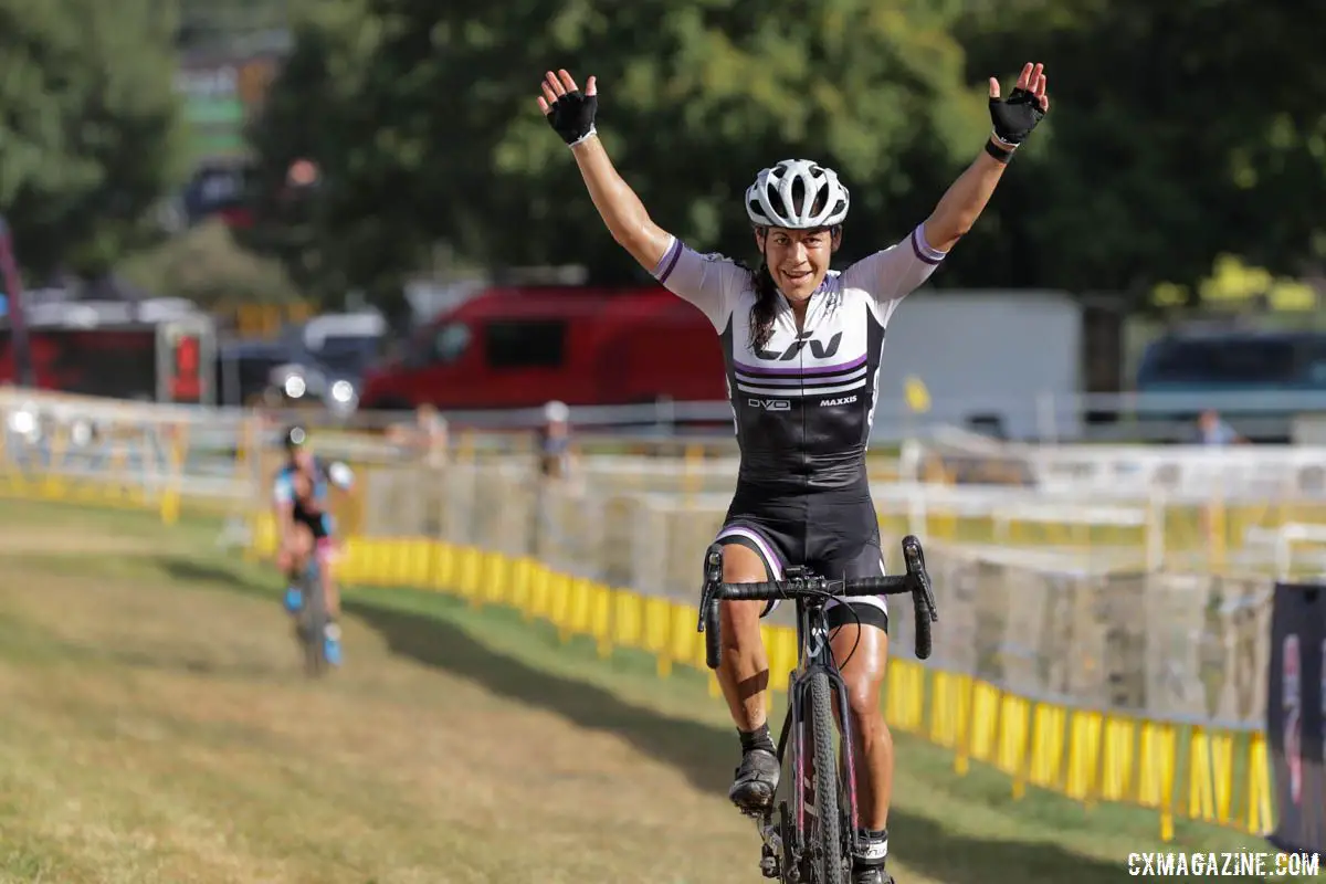 Crystal Anthony celebrates her win. 2018 GO Cross Day 2. © Bruce Buckley