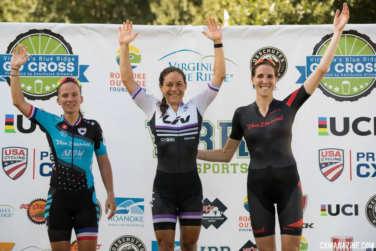 Women's podium: Crystal Anthony, Caroline Mani and Sunny Gilbert. 2018 GO Cross Day 2. © Bruce Buckley