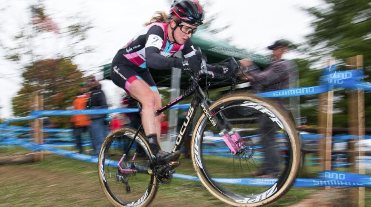 Ellen Noble adjusted her aerial skills to the unique barriers. Elite Women, 2017 Cincinnati Cyclocross, Day 2, Harbin Park. © Cyclocross Magazine