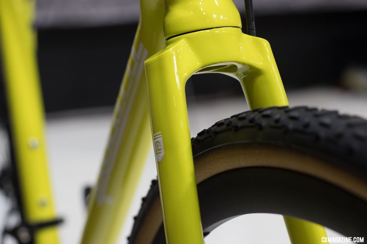 Favorit's custom carbon F3 Cyclocross bike with custom alloy crown carbon fork, similar to Wound Up forks. 2018 Interbike. © Cyclocross Magazine