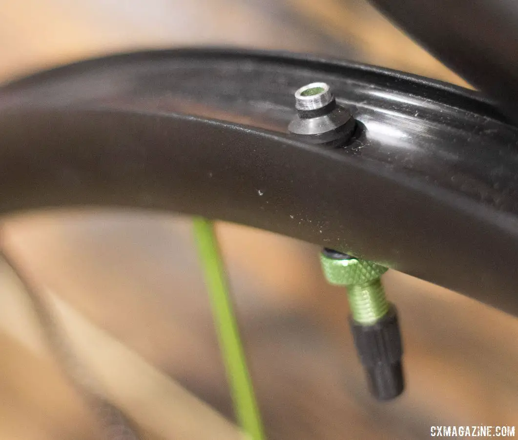 Industry Nine's tubeless valve is designed to prevent clogging. 2018 Interbike. © Eric Takayama / Cyclocross Magazine