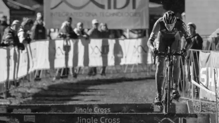 Diether Sweeck hops the barriers and takes the UCI C2 win. 2018 Jingle Cross Day 1 Men. © D. Mable/ Cyclocross Magazine