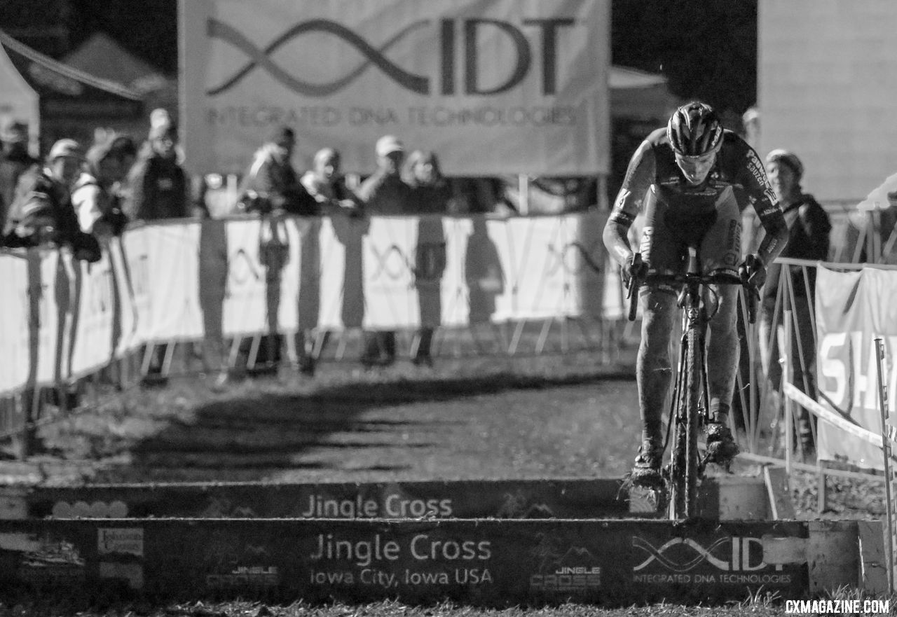 Diether Sweeck hops the barriers and takes the UCI C2 win. 2018 Jingle Cross Day 1 Men. © D. Mable/ Cyclocross Magazine