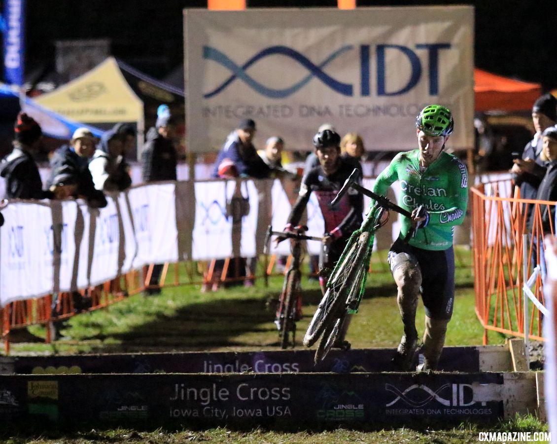 Stan Godrie gives chase of Sweeck and leads Falenta. 2018 Jingle Cross Day 1 Men. © D. Mable/ Cyclocross Magazine