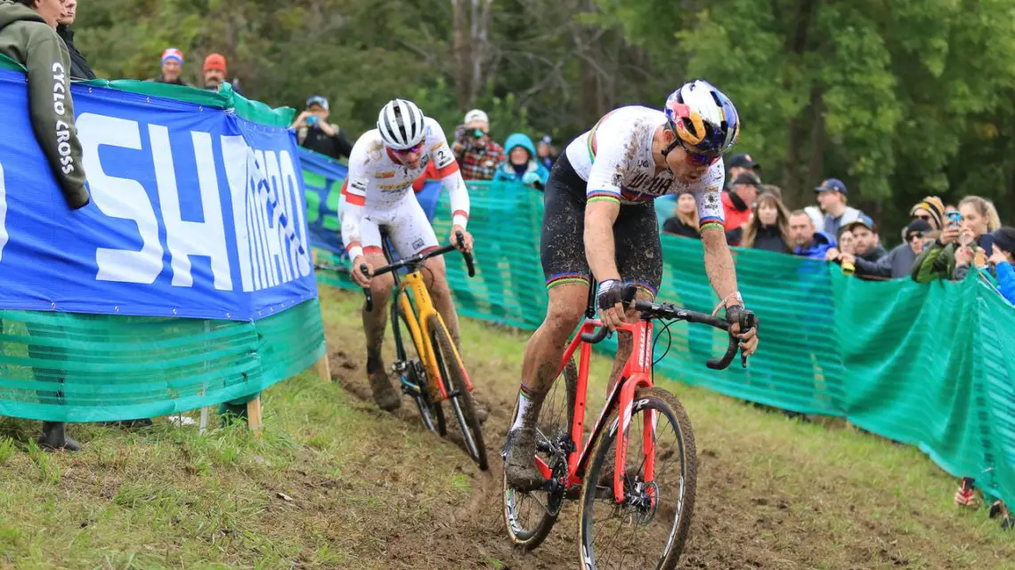 Wout van Aert tried to reign in Toon Aerts, but after one mistake, Aerts was gone. 2018 Jingle Cross World Cup Men's Race. © D. Mable / Cyclocross Magazine