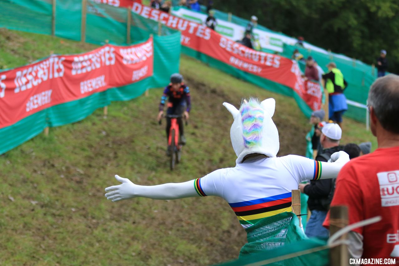 World Champion unicorns and rainbows greeted Sophie de Boer. 2018 Jingle Cross World Cup. © D. Mable / Cyclocross Magazine