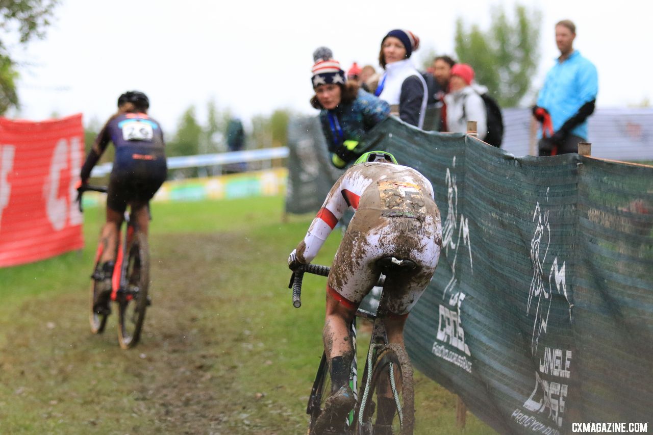 Vos showing the evidence of the crash that let Keough slip by. 2018 Jingle Cross World Cup. © D. Mable / Cyclocross Magazine