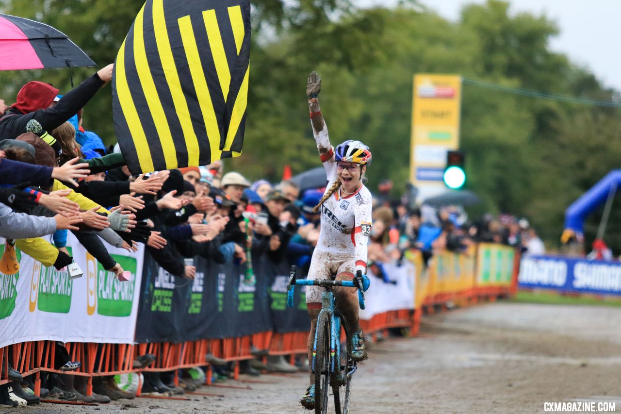 Evie Richards excited with her second place. 2018 Jingle Cross World Cup. © D. Mable / Cyclocross Magazine