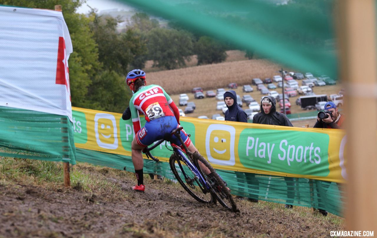 Eva Lechner started out fast, but her attempts to stay on her bike cost her the lead on laps one. 2018 Jingle Cross. © J. Corcoran / Cyclocross Magazine