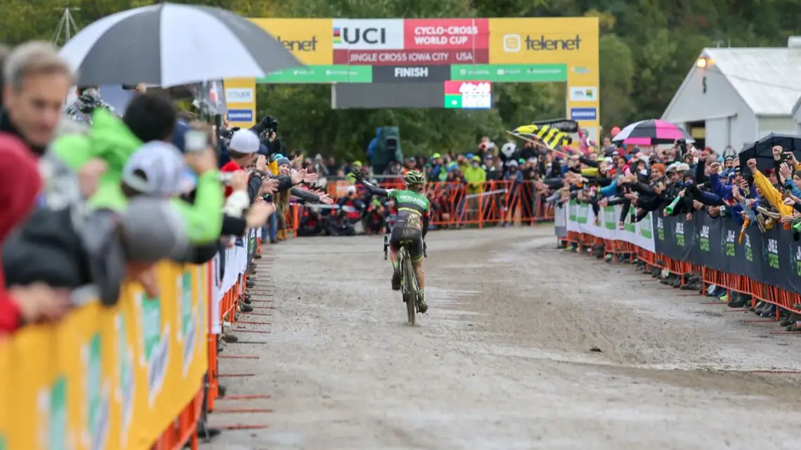 Keough celebrates her first-ever World Cup win. 2018 Jingle Cross World Cup. © J. Corcoran / Cyclocross Magazine