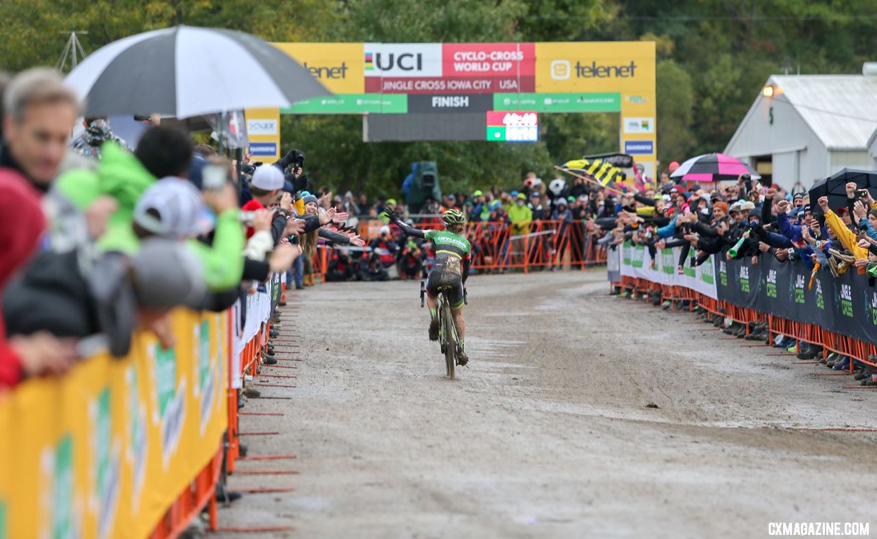 Keough celebrates her first-ever World Cup win. 2018 Jingle Cross World Cup. © J. Corcoran / Cyclocross Magazine