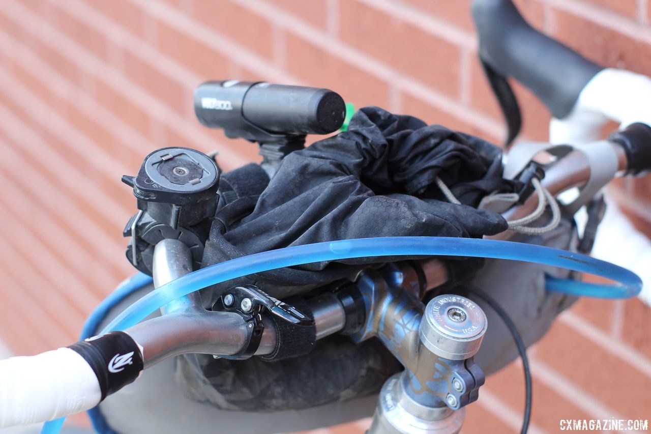 Bleakley started with a gear bag on his looped handlebar and later added his hydration pack. James Bleakley's Black Sheep Bikes Titanium Gravsplosion Gravel Bike. © Z. Schuster / Cyclocross Magazine