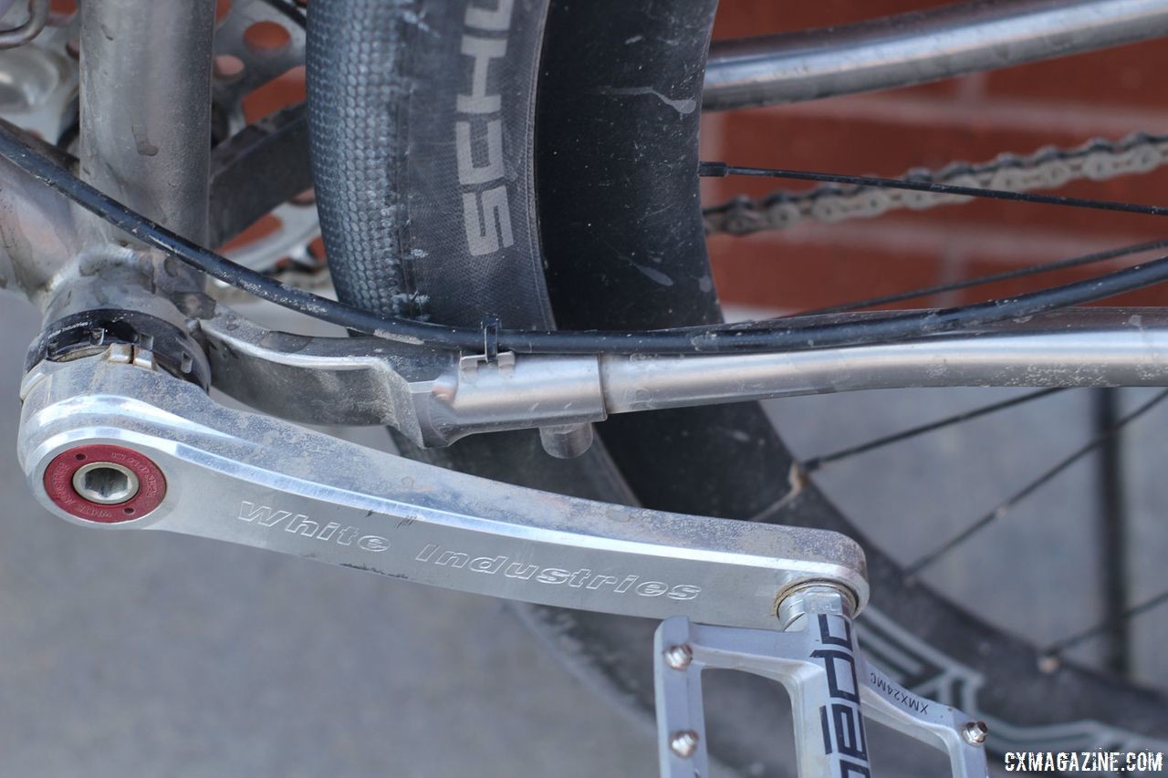 A telescoping chainstay allows the length to be adjusted or for the rear to be removed for transport. James Bleakley's Black Sheep Bikes Titanium Gravsplosion Gravel Bike. © Z. Schuster / Cyclocross Magazine