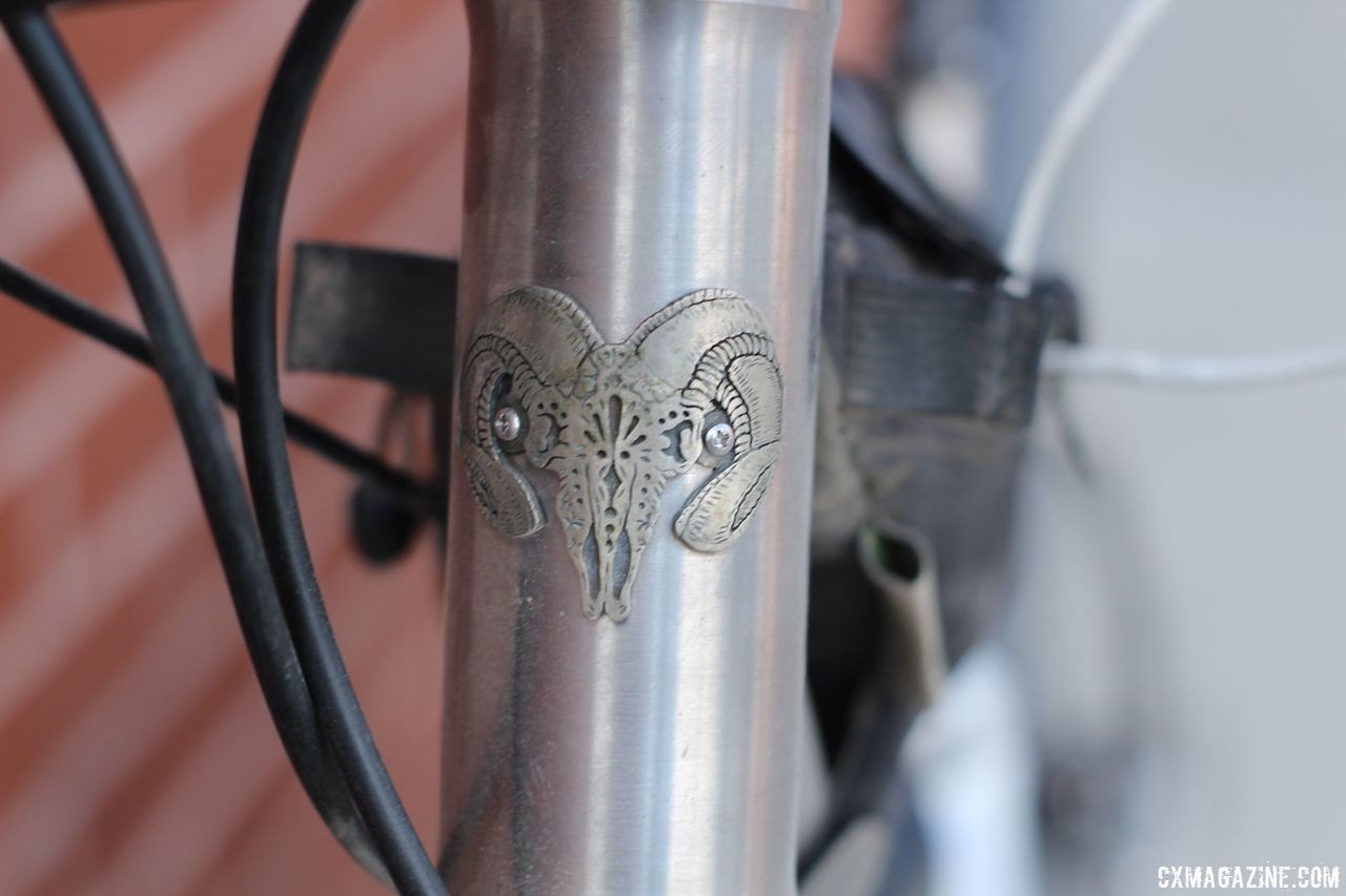 The bike's white bronze head badge was made by a Philadelphia jeweler. James Bleakley's Black Sheep Bikes Titanium Gravsplosion Gravel Bike. © Z. Schuster / Cyclocross Magazine