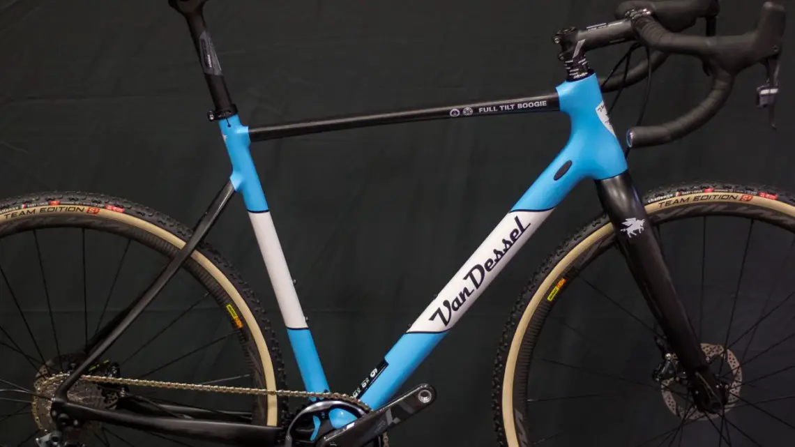 The top-shelf Van Dessel carbon Full Tilt Boogie gets a pretty baby blue for 2019. The model has big tire clearance and can double as a gravel machine, while tackling World Cups under the Van Dessel sponsored women including Caroline Mani, Sunny Gilbert and Cassie Maximenko. 2018 Interbike. © Cyclocross Magazine