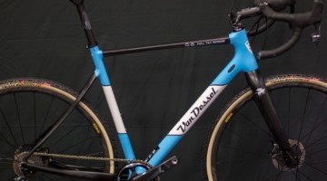 The top-shelf Van Dessel carbon Full Tilt Boogie gets a pretty baby blue for 2019. The model has big tire clearance and can double as a gravel machine, while tackling World Cups under the Van Dessel sponsored women including Caroline Mani, Sunny Gilbert and Cassie Maximenko. 2018 Interbike. © Cyclocross Magazine