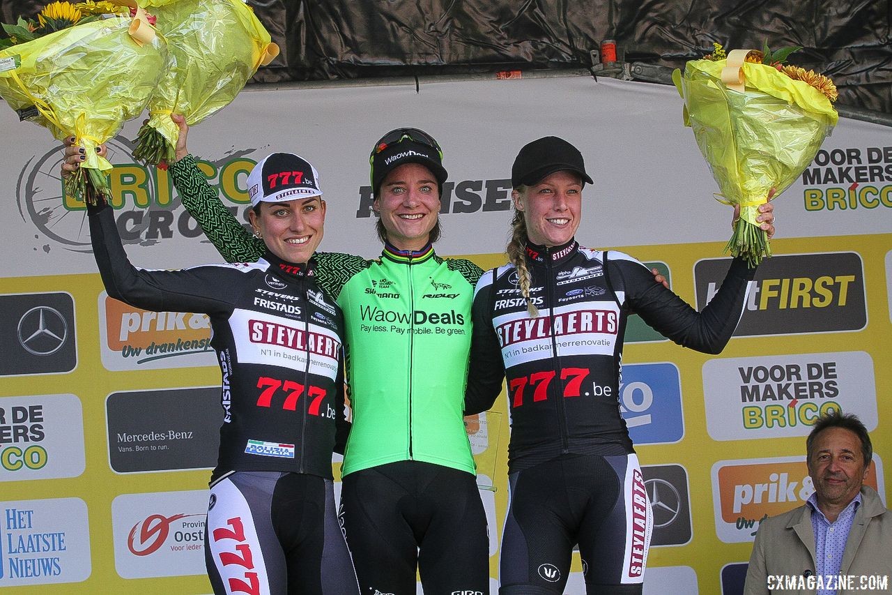 Women's podium: Marianne Vos, Alice Maria Arzuffi and Annemarie Worst. 2018 Brico Cross Ronse / Hotondcross. © B. Hazen / Cyclocross Magazine