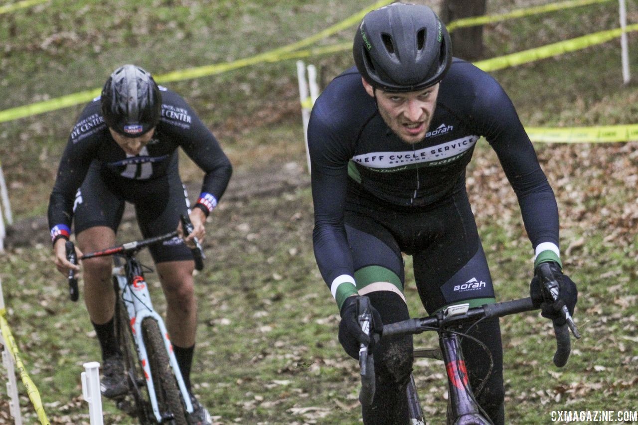 Isaac Neff and Cole House battled to the last few hundred meters in the Elite race. 2018 Cross Fire, Sun Prairie, Wisconsin. © Z. Schuster / Cyclocross Magazine