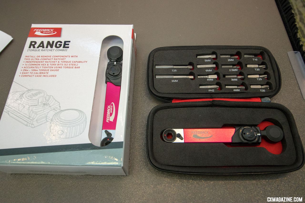 The Feedback Sports "The Range" pocket-sized ratchet and torque wrench combo makes trailside adjustments of bolts exactly to torque specs easy. 2018 Interbike new products. © Cyclocross Magazine