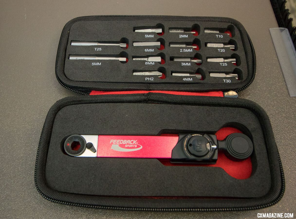 The Feedback Sports "The Range" pocket-sized ratchet and torque wrench combo features 14 popular bit sizes, and retails for $79.99. 2018 Interbike new products. © Cyclocross Magazine