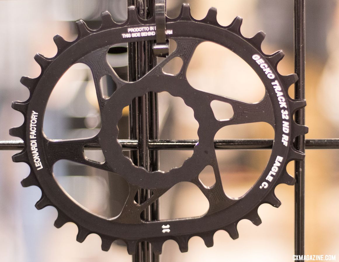 Leonardi Factory offers its ovalized Gecko Track chaiinrings for different direct mount and BCD options. The dramatically ovalized shape is said to offer a larger difference than competing products in terms of power stroke and dead spot effective chainring size. They're currently in smaller mountain bike sizes, but cyclocross/gravel sizes are in the woriks. 2018 Interbike new products. © Cyclocross Magazine