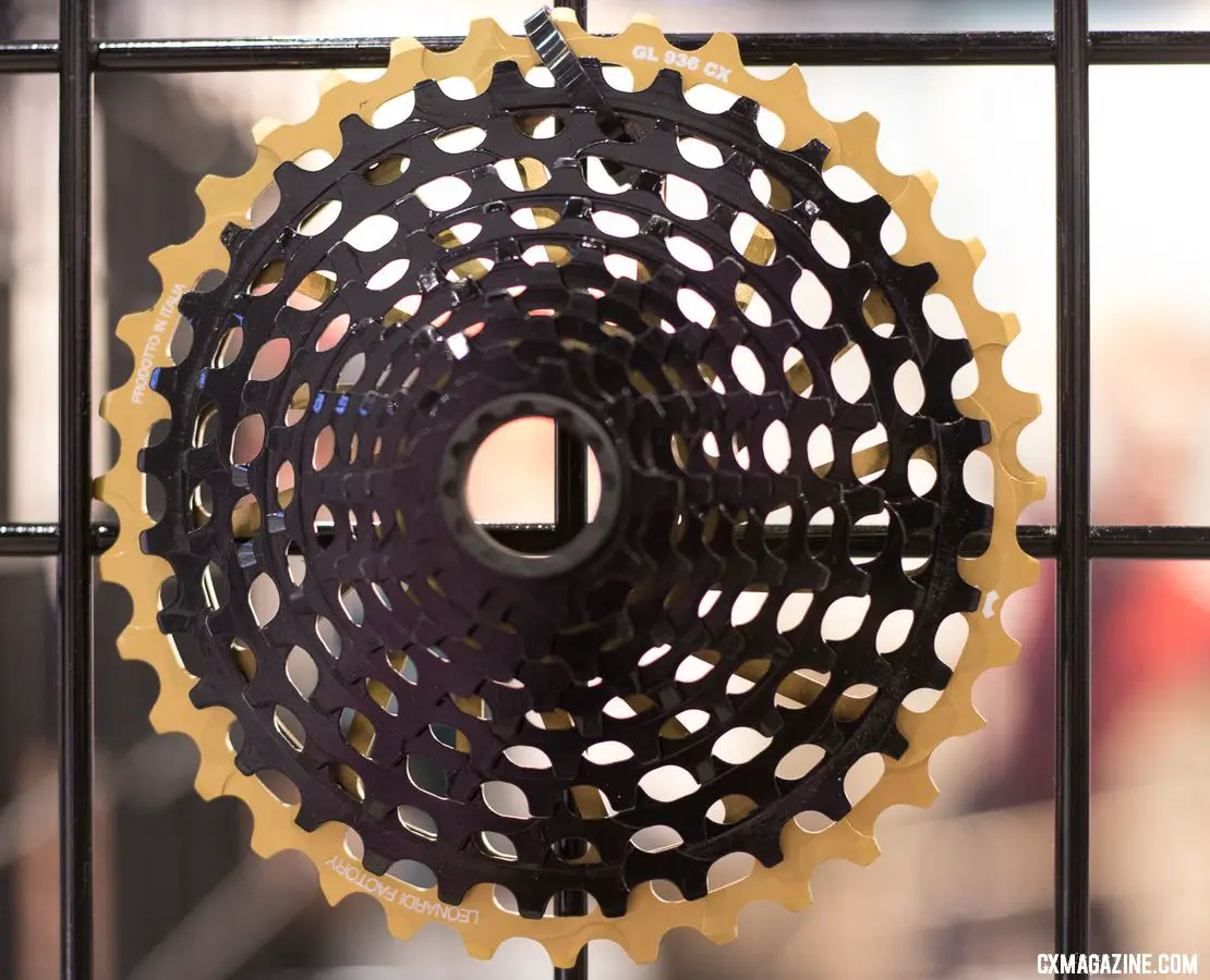 The Italian Leonardi Factory created a 9-36 XD cassette that offers 95% of the range of a 10-42 cassette but with more gear inches and medium cage rear derailleur compatibility. 2018 Interbike new products. © Cyclocross Magazine