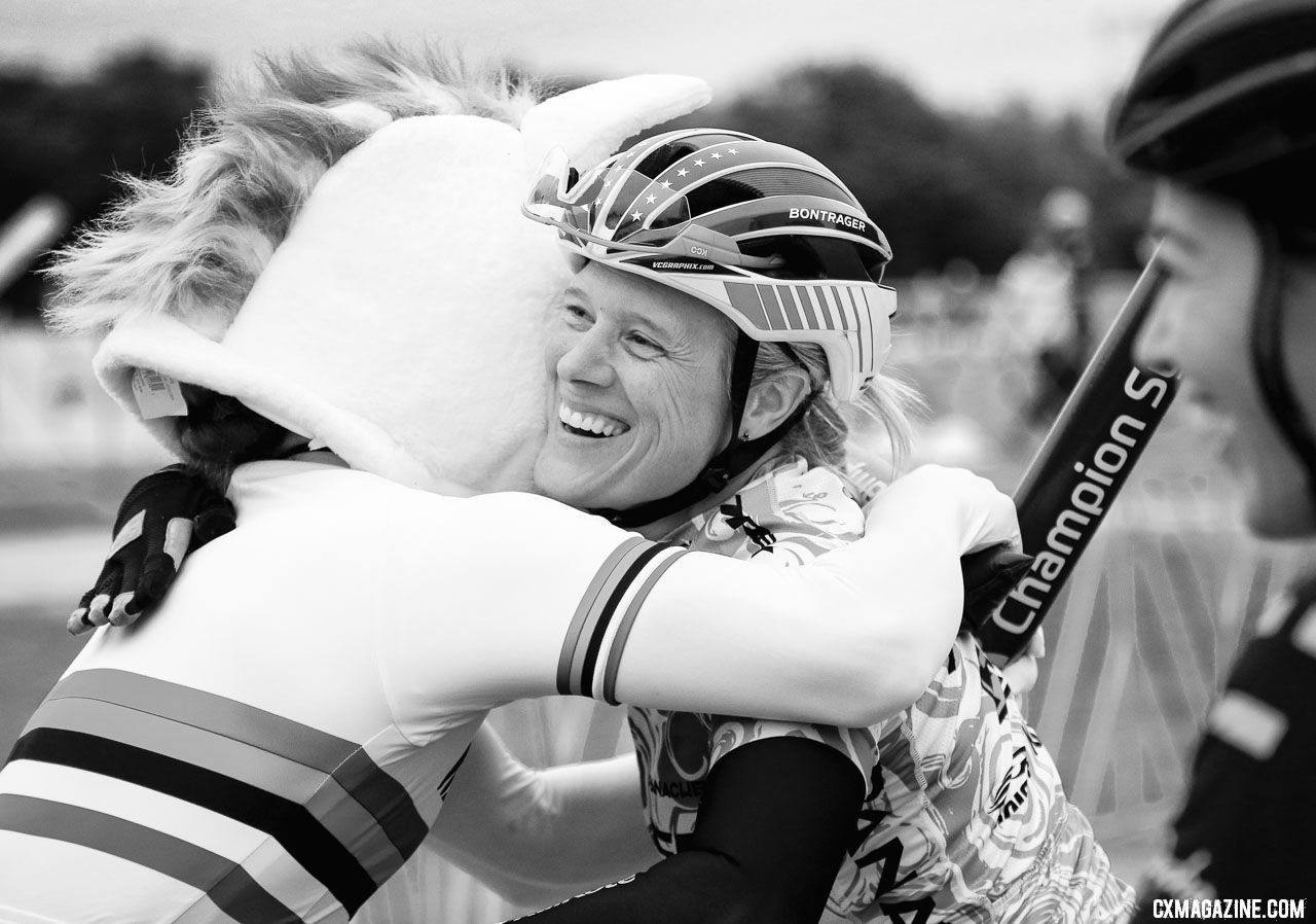 Unicorn hugs for Katie Compton. 2018 Jingle Cross World Cup. © D. Mable / Cyclocross Magazine