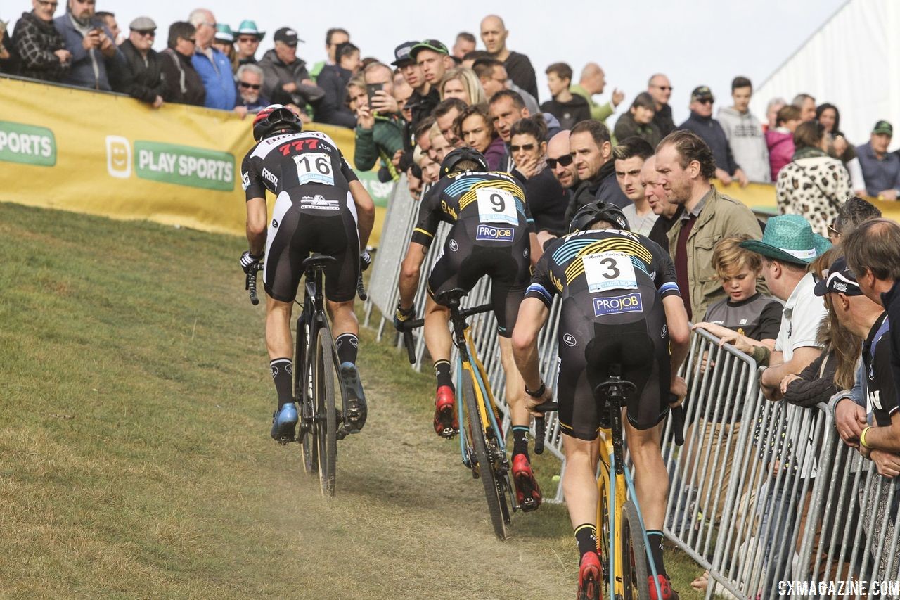 The chase trio heads up one of the steep inclines. 2018 Superprestige Niels Albert CX, Boom. © B. Hazen / Cyclocross Magazine