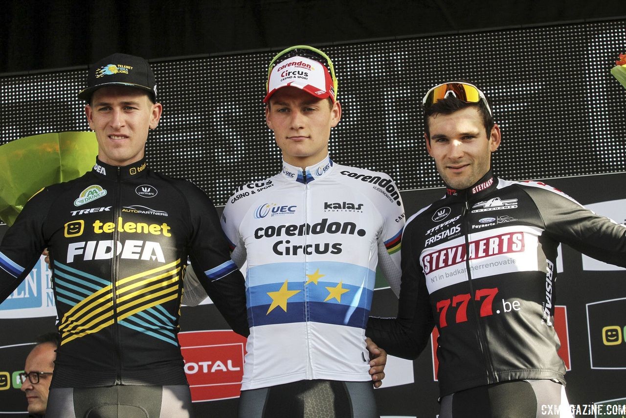 Men's podium: Mathieu van der Poel, Toon Aerts and Gianni Vermeersch. 2018 Superprestige Niels Albert CX, Boom. © B. Hazen / Cyclocross Magazine