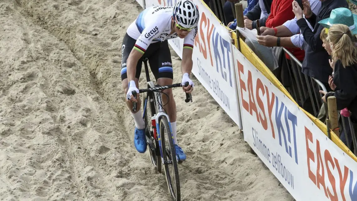 Mathieu van der Poel uses some dutch to get through the sand. 2018 Superprestige Niels Albert CX, Boom. © B. Hazen / Cyclocross Magazine