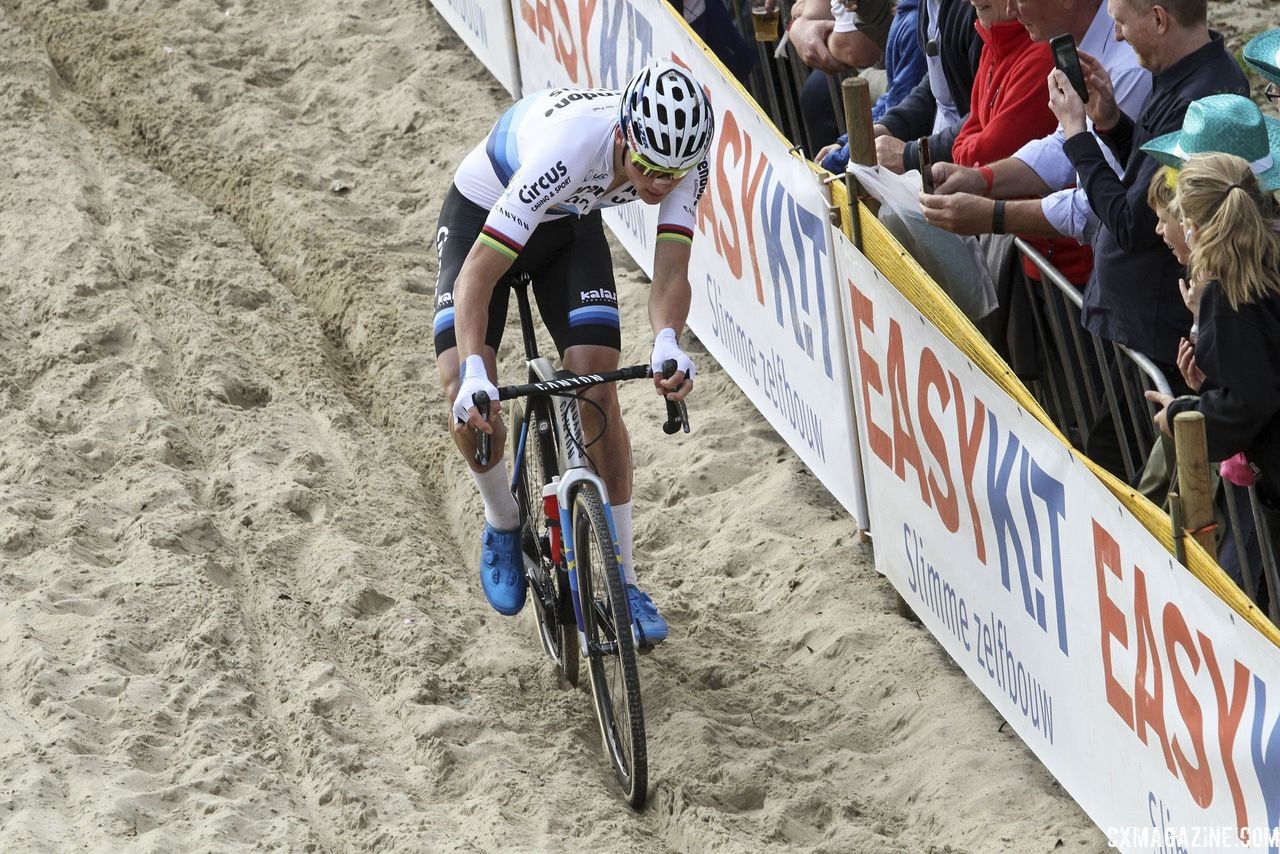 Mathieu van der Poel uses some dutch to get through the sand. 2018 Superprestige Niels Albert CX, Boom. © B. Hazen / Cyclocross Magazine