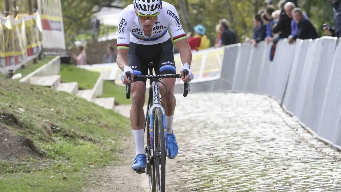 Mathieu van der Poel rode solo the second half of the race. 2018 Superprestige Niels Albert CX, Boom. © B. Hazen / Cyclocross Magazine