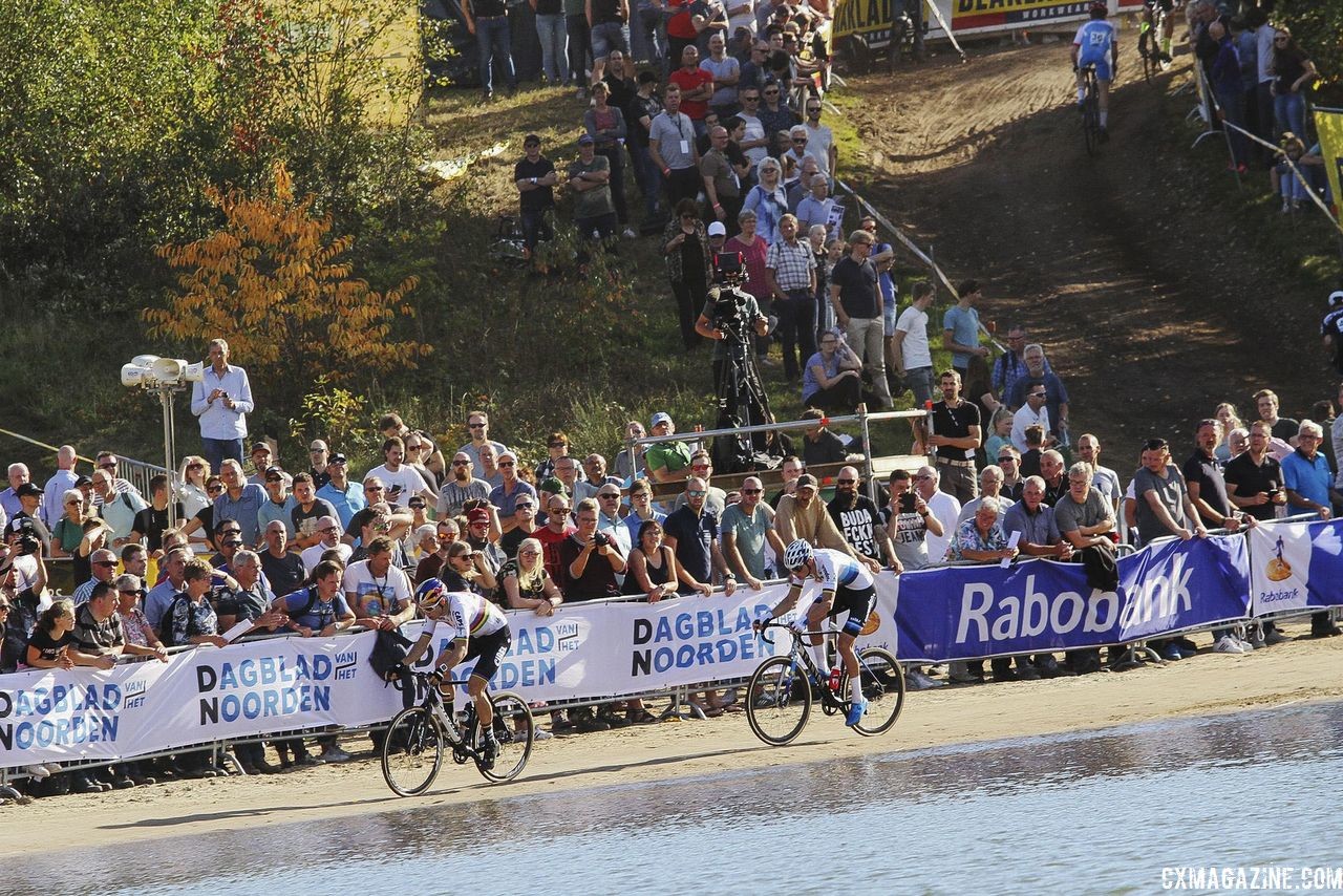 Wout van Aert stuck with Mathieu van der Poel for the first lap. 2018 Superprestige Gieten. © B. Hazen / Cyclocross Magazine