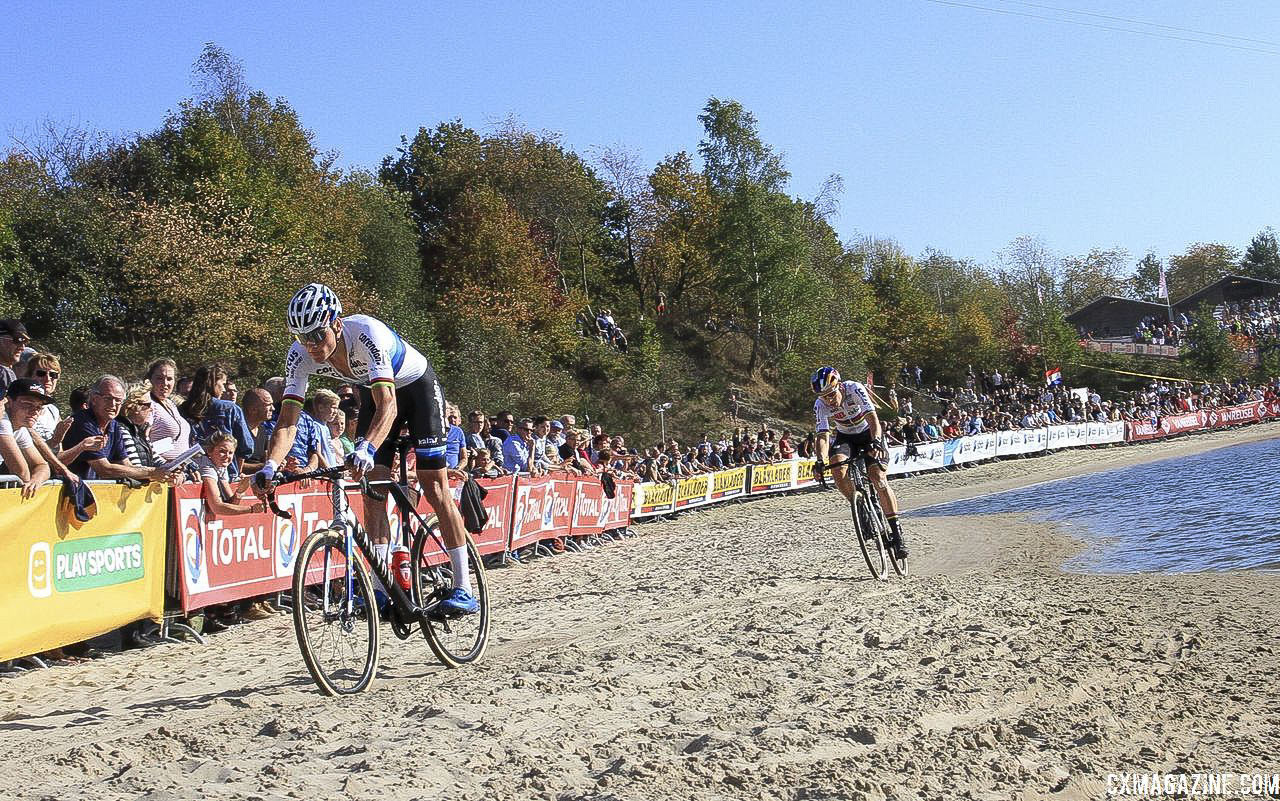 Van der Poel leads Van Aert along the quarry pond. 2018 Superprestige Gieten. © B. Hazen / Cyclocross Magazine
