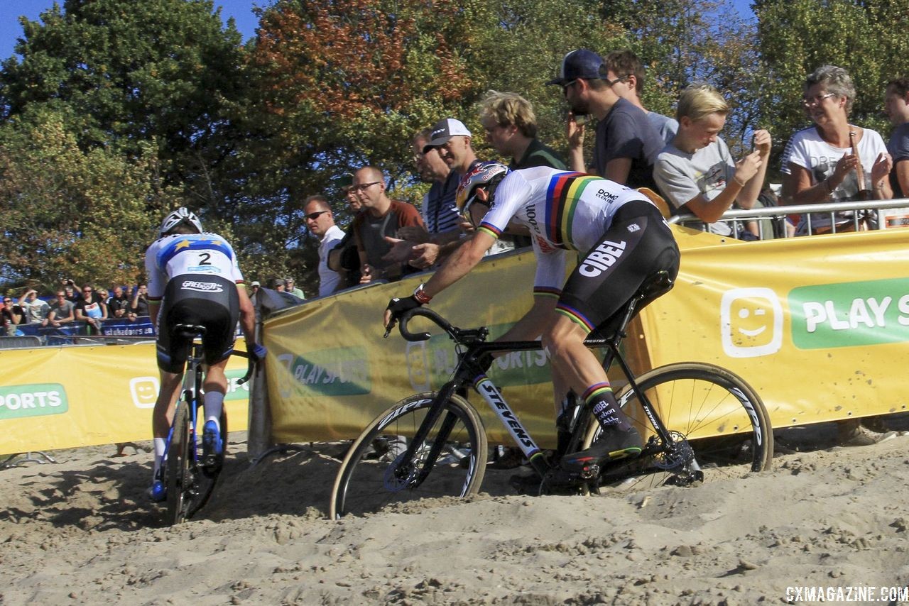 Wout van Aert chases Mathieu van der Poel through one of the giant ruts. 2018 Superprestige Gieten. © B. Hazen / Cyclocross Magazine