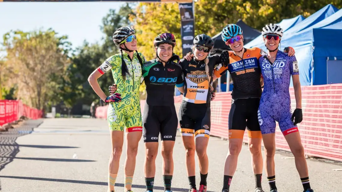 Elite Women's podium finishers pose after the race. 2018 West Sacramento CX Grand Prix. © J. Vander Stucken / Cyclocross Magazine