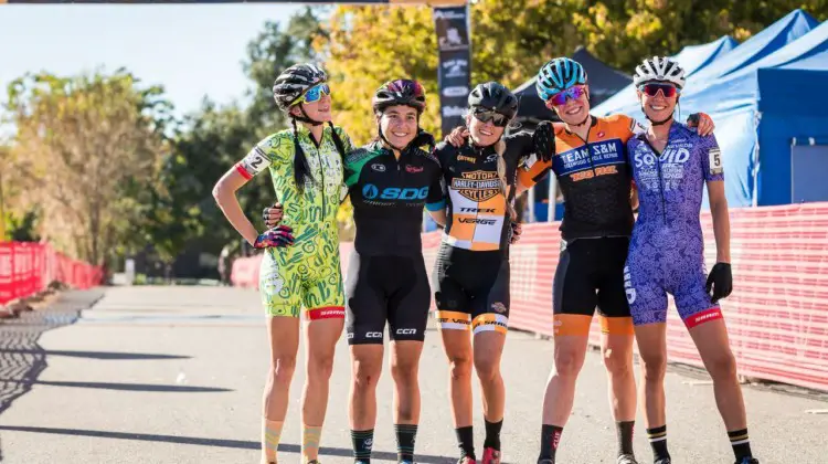 Elite Women's podium finishers pose after the race. 2018 West Sacramento CX Grand Prix. © J. Vander Stucken / Cyclocross Magazine