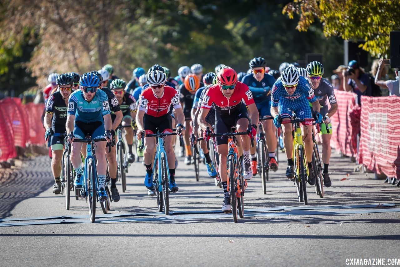 Cody Kaiser leads the men out on Day 1. 2018 West Sacramento CX Grand Prix. © J. Vander Stucken / Cyclocross Magazine