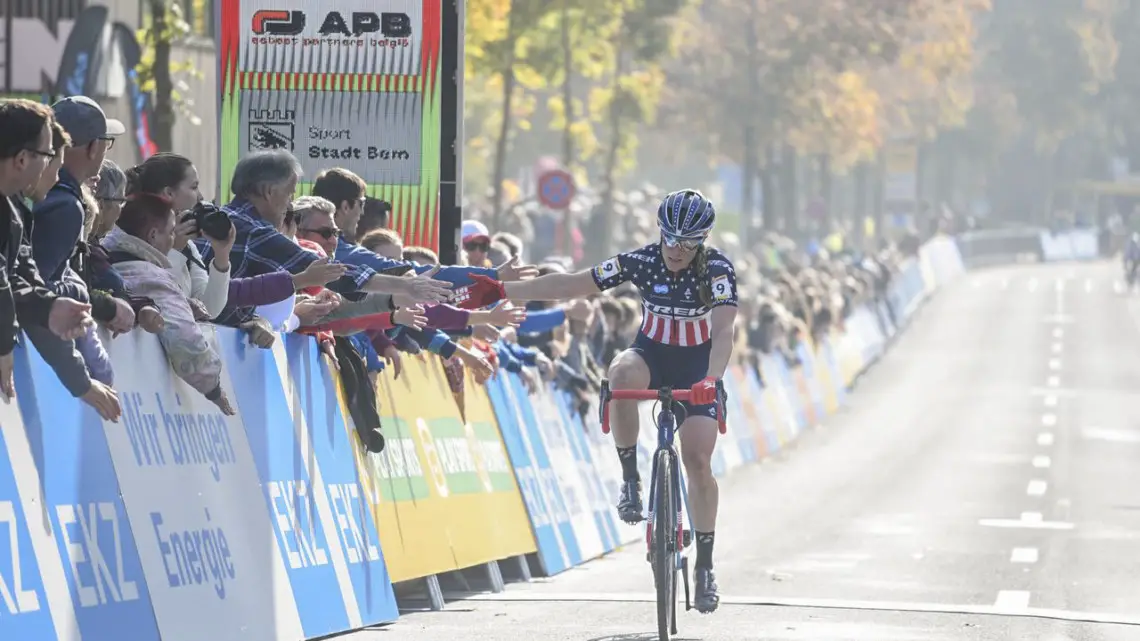 Katie Compton acknowledges the fans after her third-place finish. 2018 World Cup Bern, Switzerland. © E. Haumesser / Cyclocross Magazine