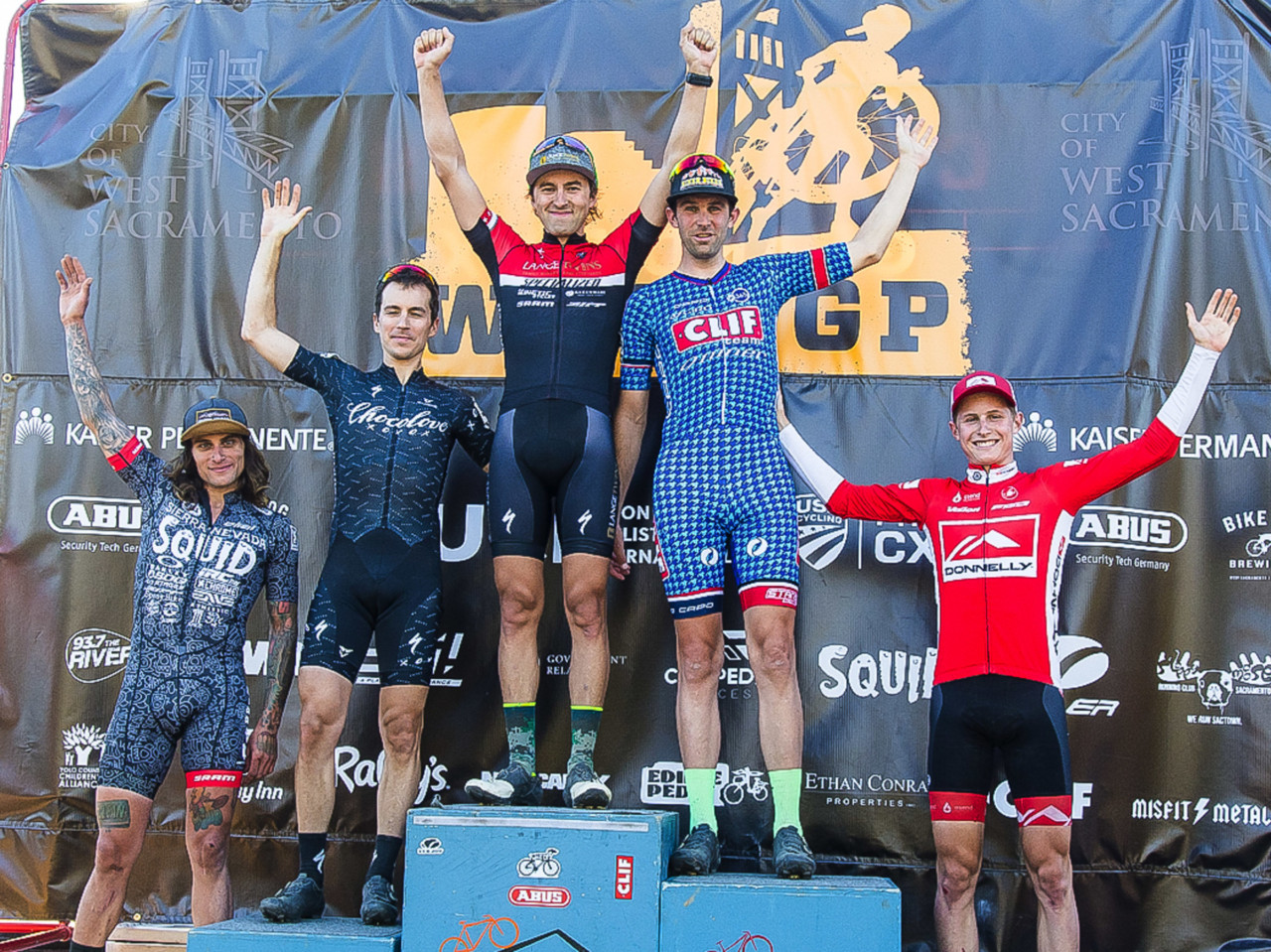 Men's podium: Cody Kaiser, Troy Wells, Allen Krughoff, Lance Haidet and Anthony Clark. 2018 West Sacramento Cyclocross Grand Prix Day 2. © L. Lamoureux