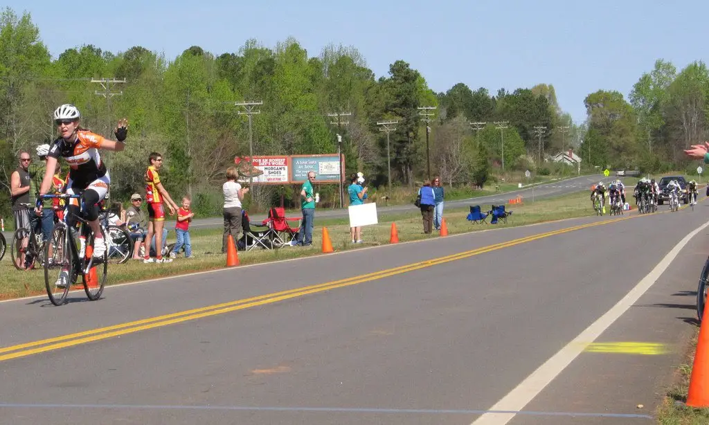 Lauren De Crescenzo at her second-ever bike race after breaking her collarbone in the first. She dubs the solo breakaway "The Crescenzo." photo: courtesy