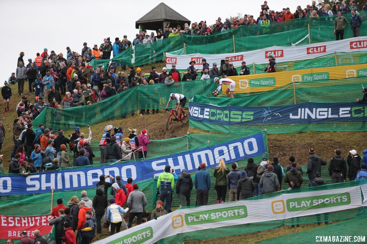 Organizers switched up the Mt. Krumpit descent in 2018. 2018 Jingle Cross World Cup. © J. Corcoran / Cyclocross Magazine