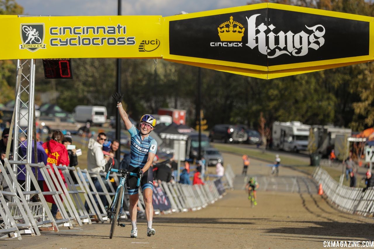 Ellen Noble celebrates her win. 2018 Cincinnati Cyclocross Day 2. © B. Buckley / Cyclocross Magazine