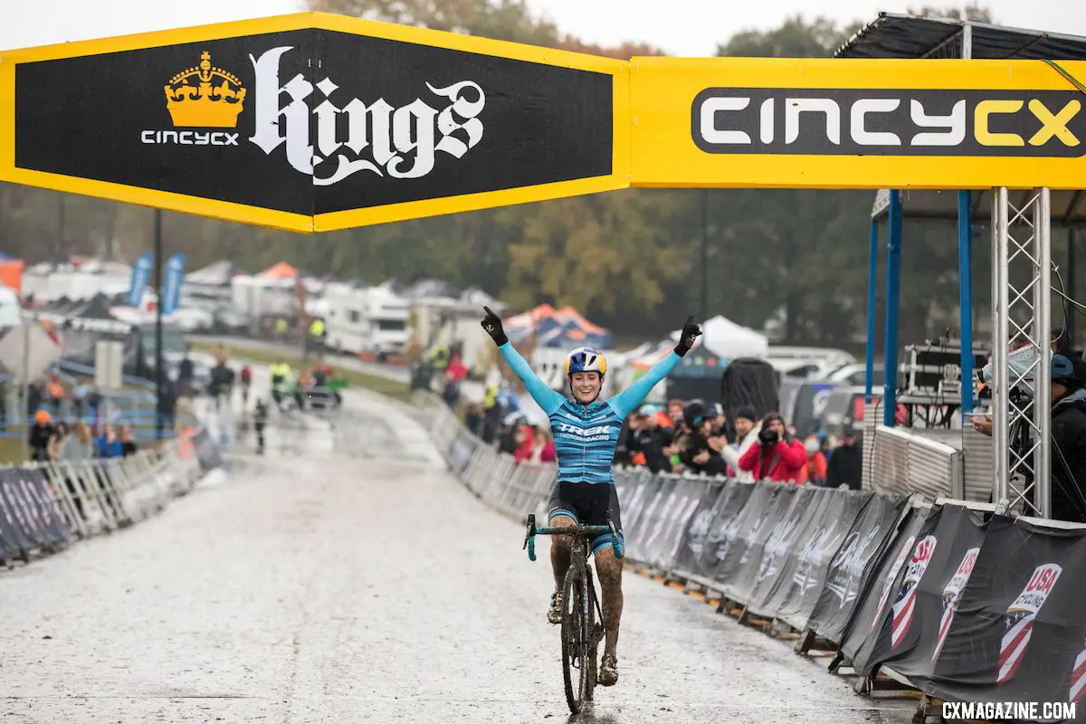 Finish line post-ups are one of those shots you have to get. 2018 Cincinnati UCI Cyclocross Day 1. Elite Women. © Bruce Buckley