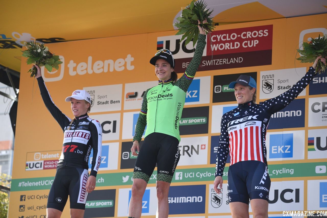 Women's podium: Marianne Vos, Annemarie Worst and Katie Compton.  2018 World Cup Bern. © E. Hausmesser / Cyclocross Magazine