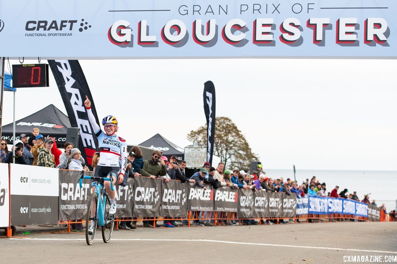 Ellen Noble celebrates her second win of the weekend. 2018 Gran Prix of Gloucester Day 2. © Peter Pellizzi