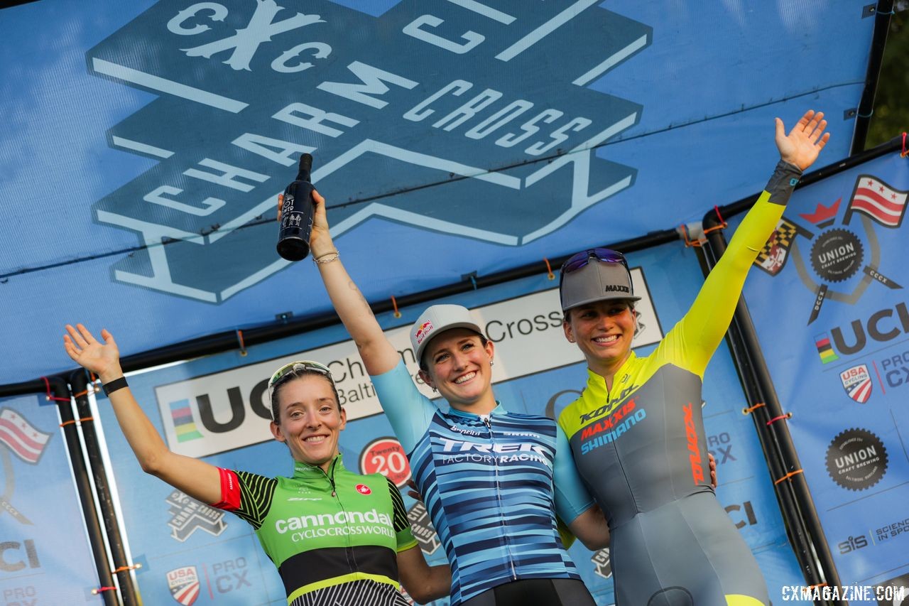 Women's podium: Ellen Noble, Kaitie Keough and Rebecca Fahringer. 2018 Charm City Cross Day 2. © B. Buckley