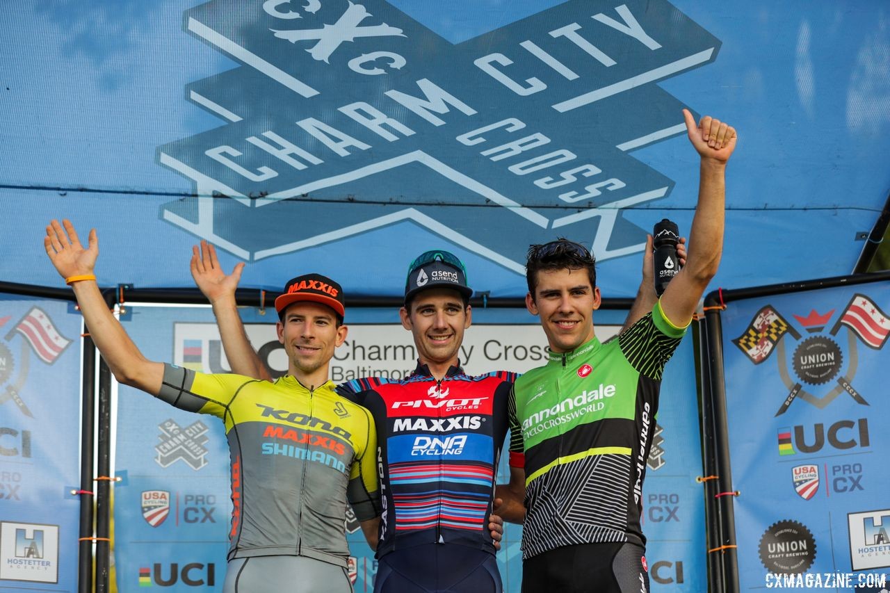 Men's podium: Jamey Driscoll, Kerry Werner and Curtis White. 2018 Charm City Cross Day 2. © B. Buckley