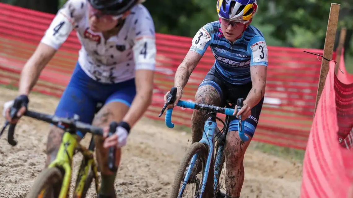 Maghalie Rochette leads Ellen Noble. 2018 Charm City Cyclocross Day 1. © Bruce Buckley